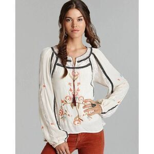 Free People Tunic Top Womens Medium Boho Tiger Lily Embroidered Lace Floral Tass
